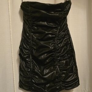 superdown Black Strapless Ruched Faux Leather Mini Dress
